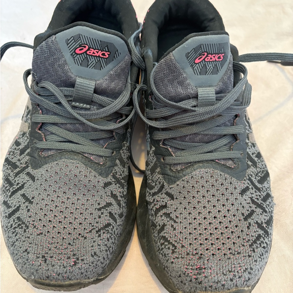 ASICS Charcoal Knit Sneakers with Pink Logos